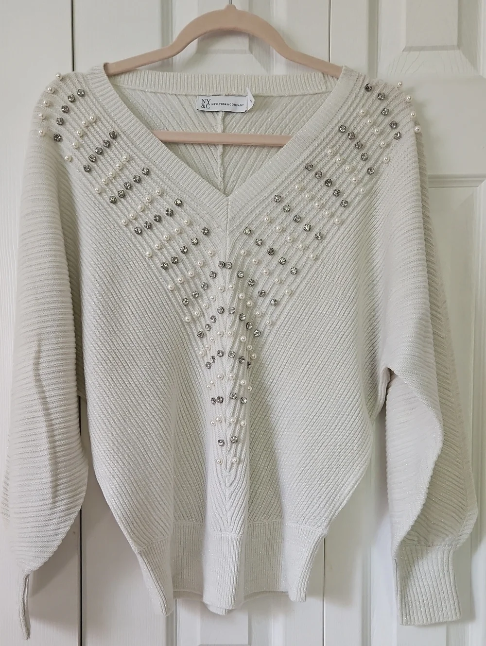New York & Company Cream V-Neck Sweater with Pearl & Silver Bead Detail